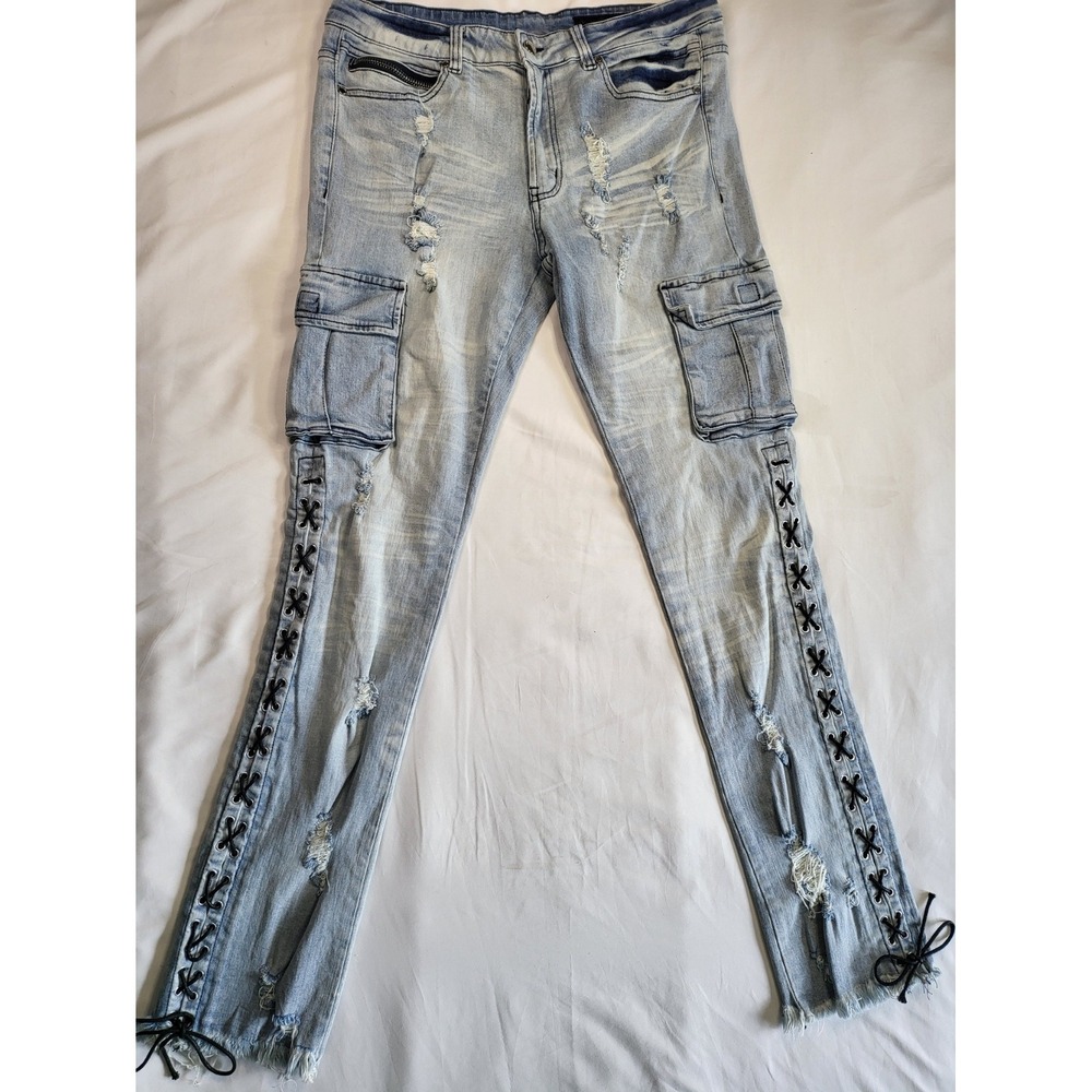 Y2K Rockstar Original Honor Mens Distressed Lace Up Cargo Jeans Light Blue 34